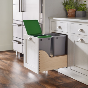 Dimensions: 18"W X 20.32"H X 22.03"DMCO: 18"NOTE: Fits a Base 21. Two silver trash bins included. Door mount kit not needed.